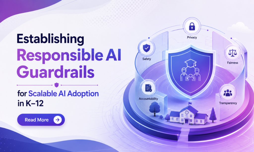 Abstract AI-themed visual showing a digital circuit pathway leading to an illuminated AI icon, representing responsible AI guardrails and scalable AI adoption in K-12 education.