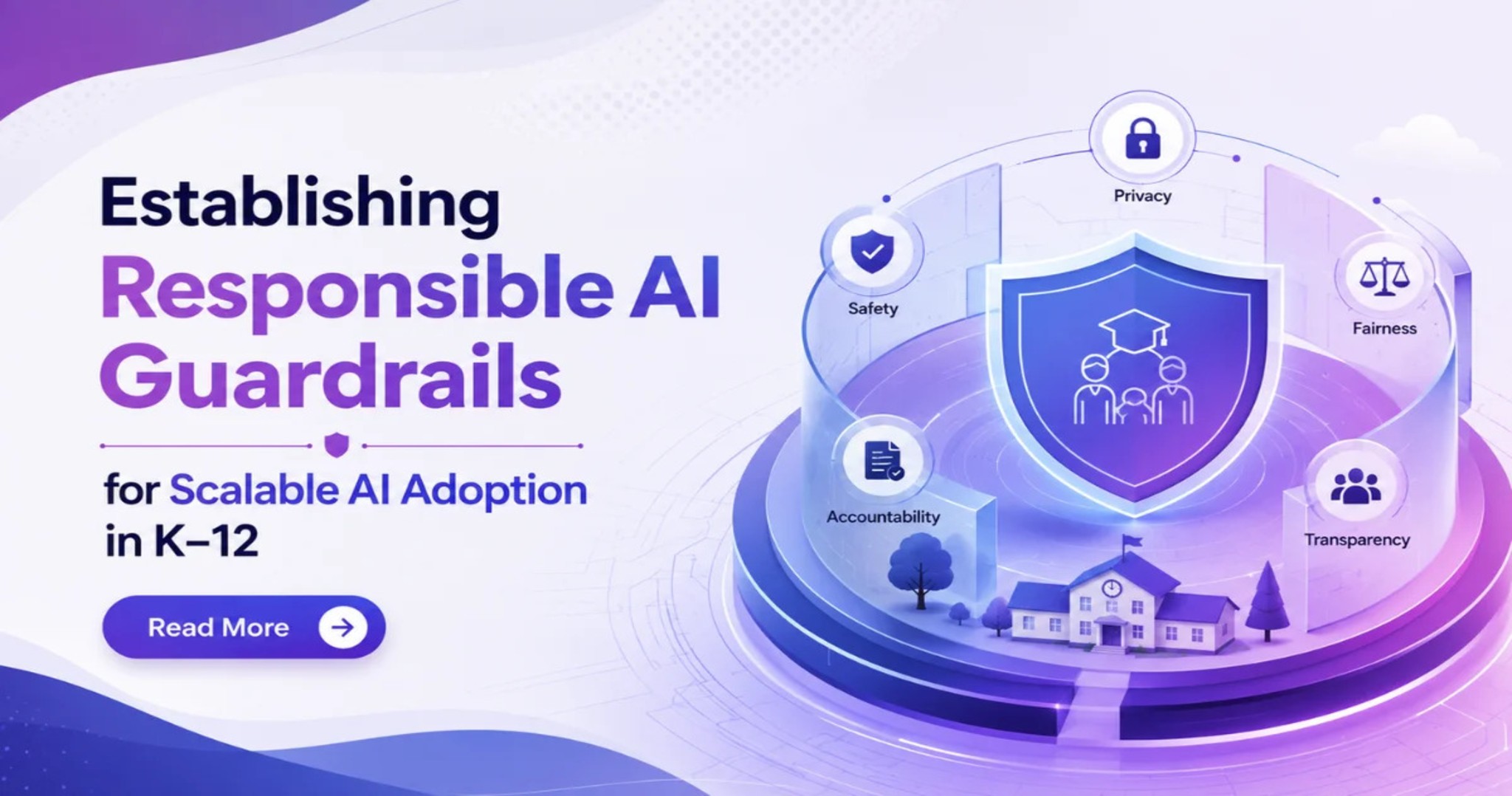 Abstract AI-themed visual showing a digital circuit pathway leading to an illuminated AI icon, representing responsible AI guardrails and scalable AI adoption in K-12 education.