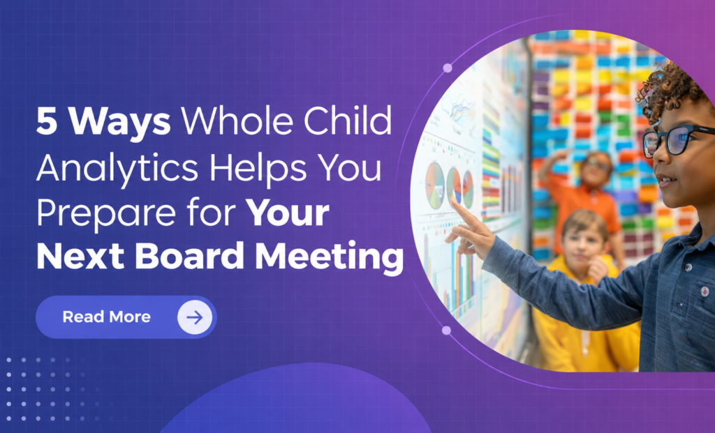 StrategicPlan360 banner showing a student pointing to charts on a classroom screen beside the title about Whole Child Analytics and board meeting preparation.